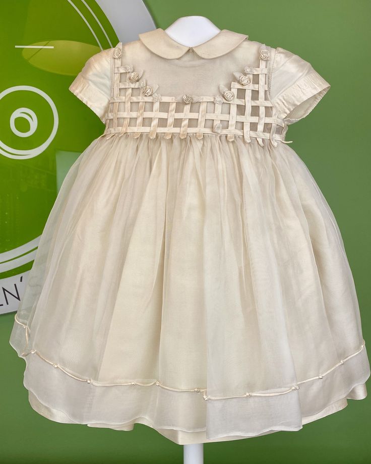 YoYo Children's Boutique Baptism 12M Ivory Silk & Organza Dress Elegant Spring Baptism Dress In Organza, Elegant Spring Organza Baptism Dress, Elegant Off-white Baptism Dress With Ruffles, Cream Organza Dress For Summer, Summer Cream Organza Dress, Elegant Cream Baptism Dress For Summer, Elegant Cream Dress For Dress-up Occasion, Elegant Beige Dress For Dress-up Occasions, Spring Cream Organza Dresses