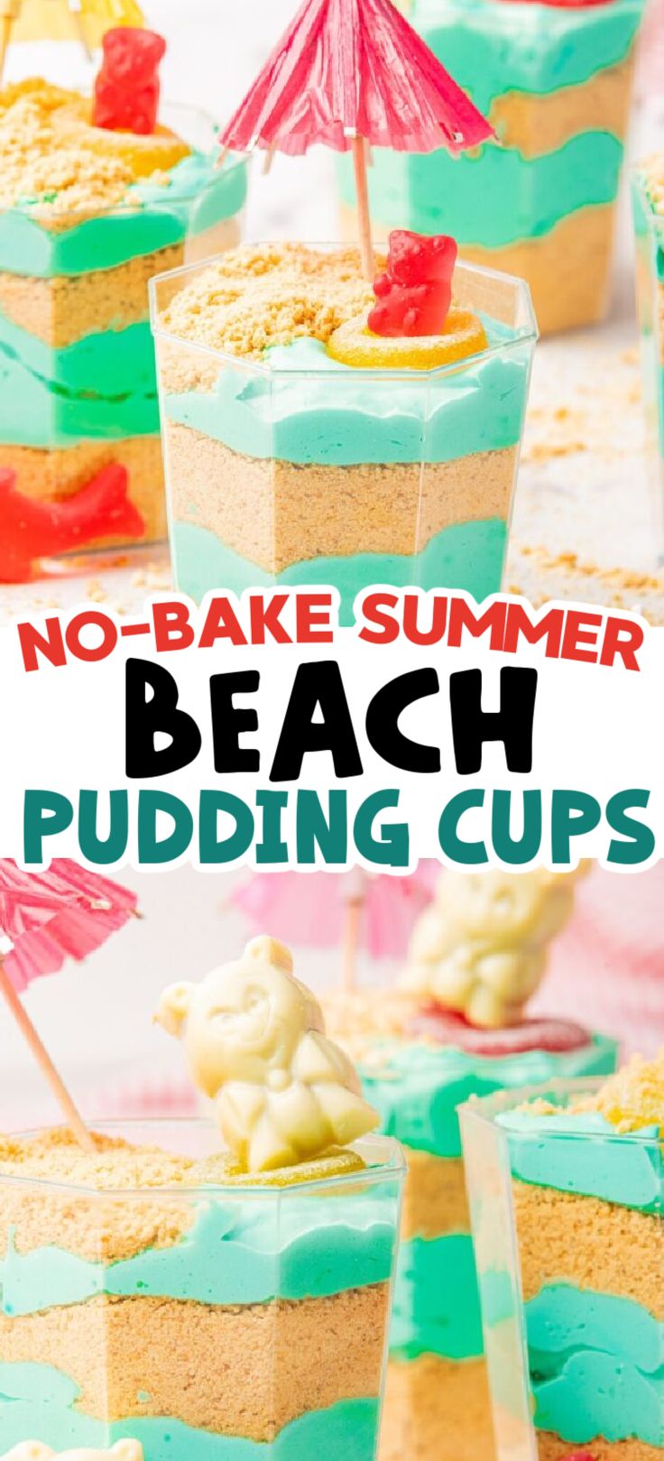 no bake summer beach pudding cupcakes with blue and green frosting