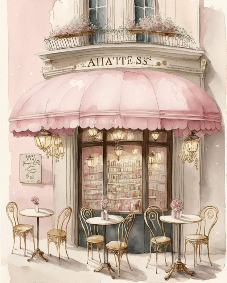 a watercolor painting of a restaurant with tables and chairs in front of the window