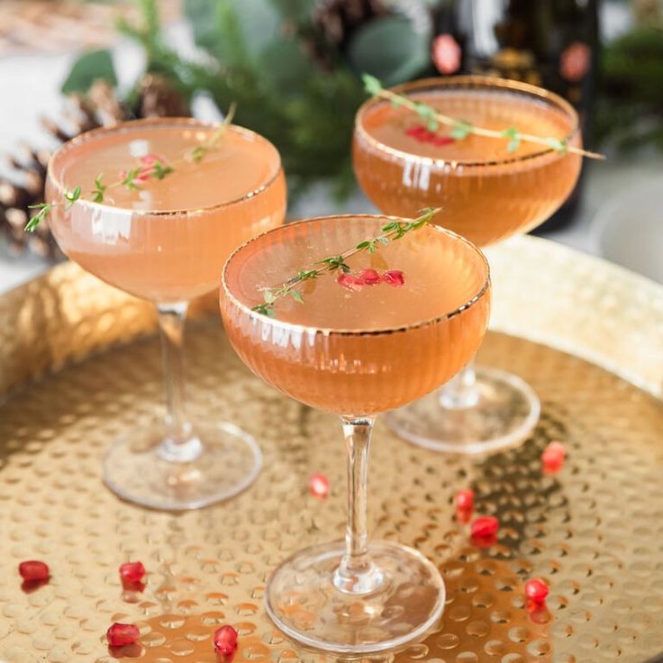 two glasses filled with drinks sitting on top of a metal tray covered in pomegranate