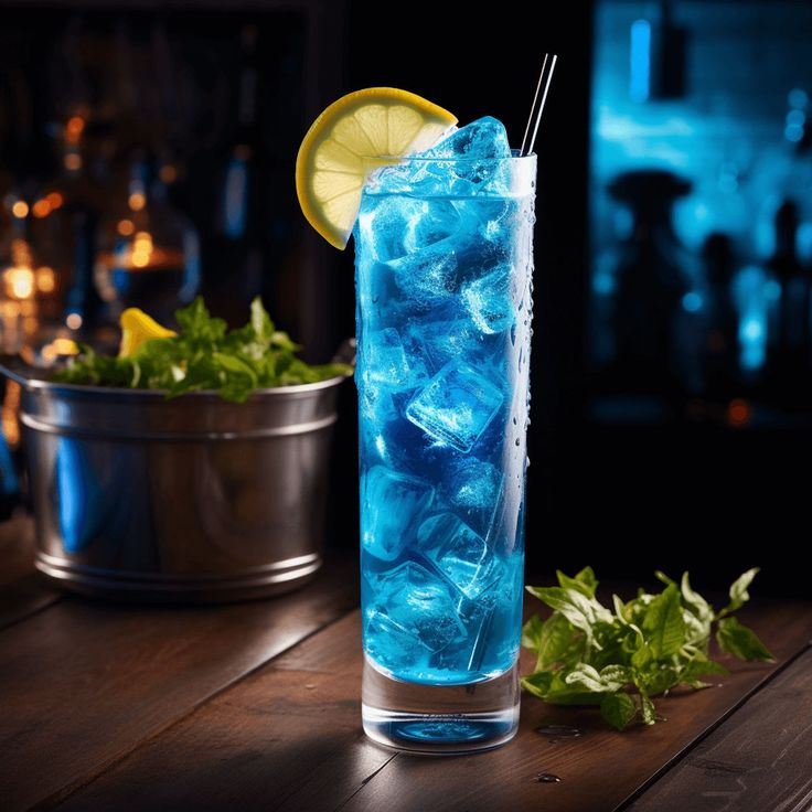 a tall glass filled with blue liquid and ice next to a metal bowl full of mint leaves