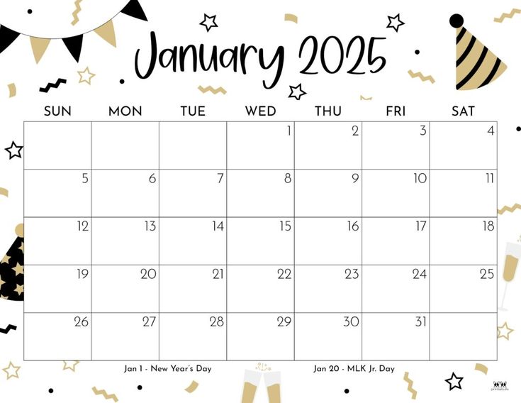 a calendar with gold and black confetti decorations on it, including the date for january