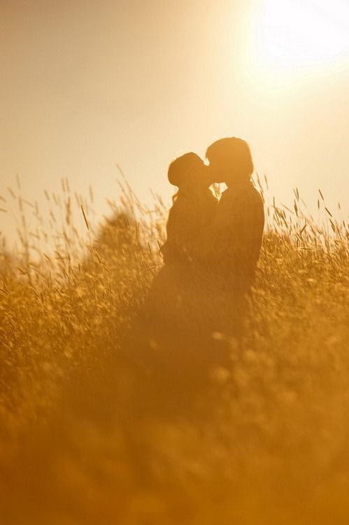 two people are kissing in the middle of a grassy field with the sun behind them