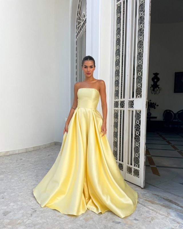 Beautiful dresses Yellow Ball Dresses, Yellow Evening Dress, Cotillion Dresses, Yellow Evening Dresses, Cocktail Dress Yellow, Soiree Dress, Prom Dresses Yellow, Spaghetti Strap Prom Dress, Prom Dresses Gowns