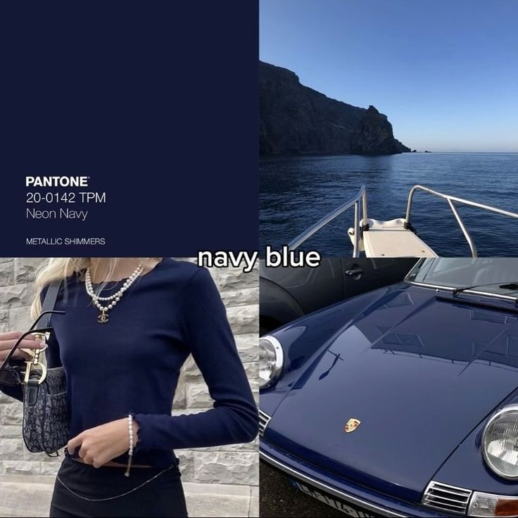 a woman standing next to a blue car near the ocean and an image of a boat