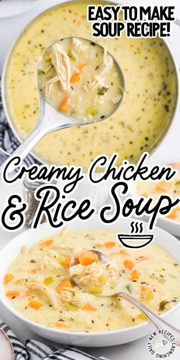 creamy chicken and rice soup in a white bowl with spoons on the side text overlay says easy to make soup recipe