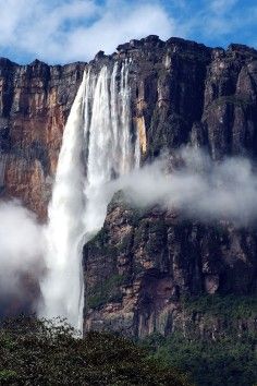 a large waterfall towering over a lush green forest