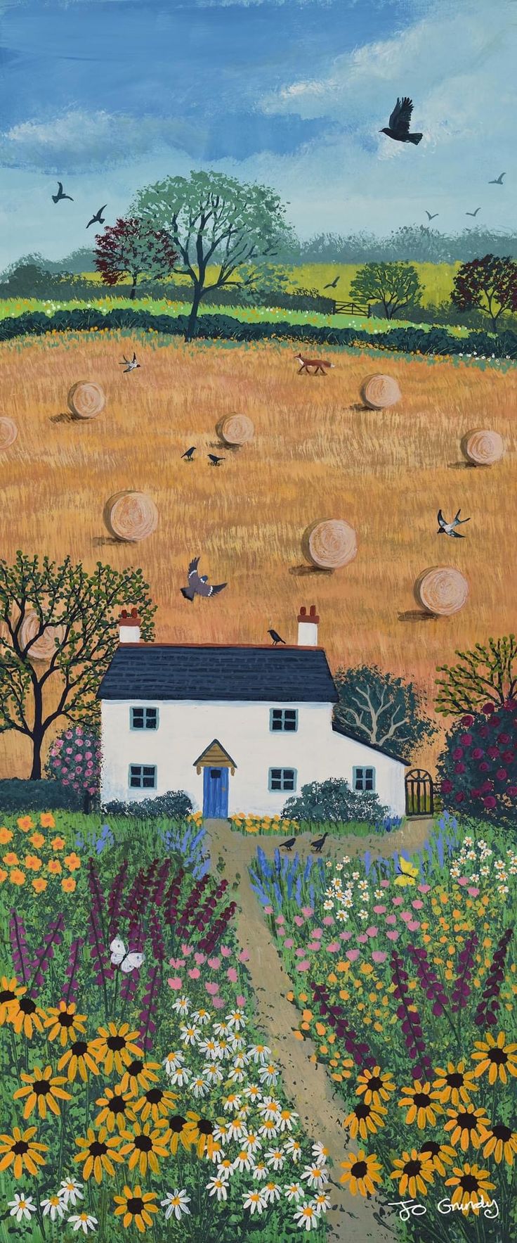 a painting of a farm house in the middle of a field with birds flying over it