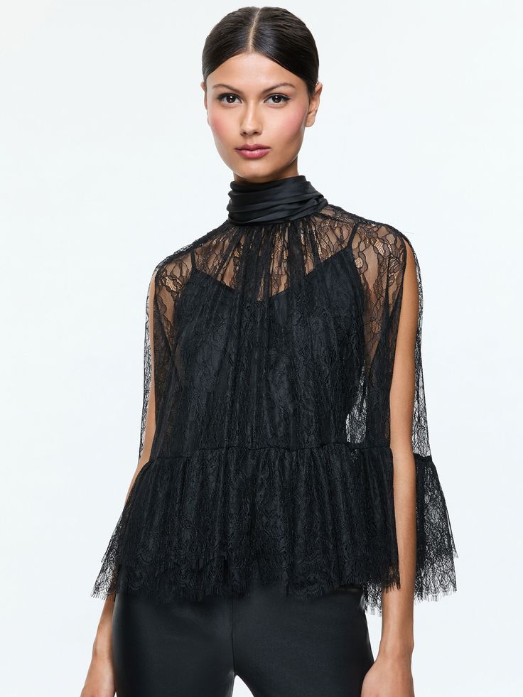 Zenon Top With Cami Lining In Black Elegant Tops With Sheer Sleeves And High Neck, Elegant High Neck Lace Top For Party, Elegant High Neck Top With Ruffles, Elegant High Neck Ruffle Top, Elegant High Neck Lace Top, Lace Top With Ruffles For Evening, Evening Lace Top With Sheer Sleeves, Evening Lace Top With Ruffles, Ruffled Lace Top For Evening