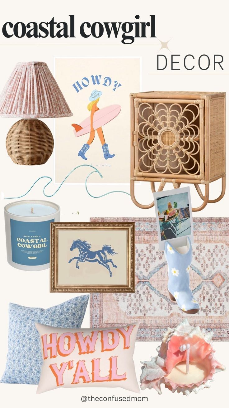 the coastal cowgirl decor is featured in this postcard style photo collage with pictures, candles and decorative items