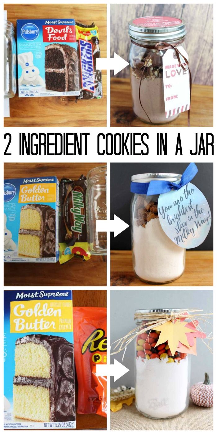 some cookies in a jar with labels on them and pictures of the contents inside it