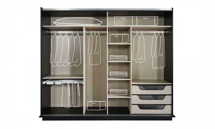 an open closet with drawers and clothes hanging on the wall, in front of a white background