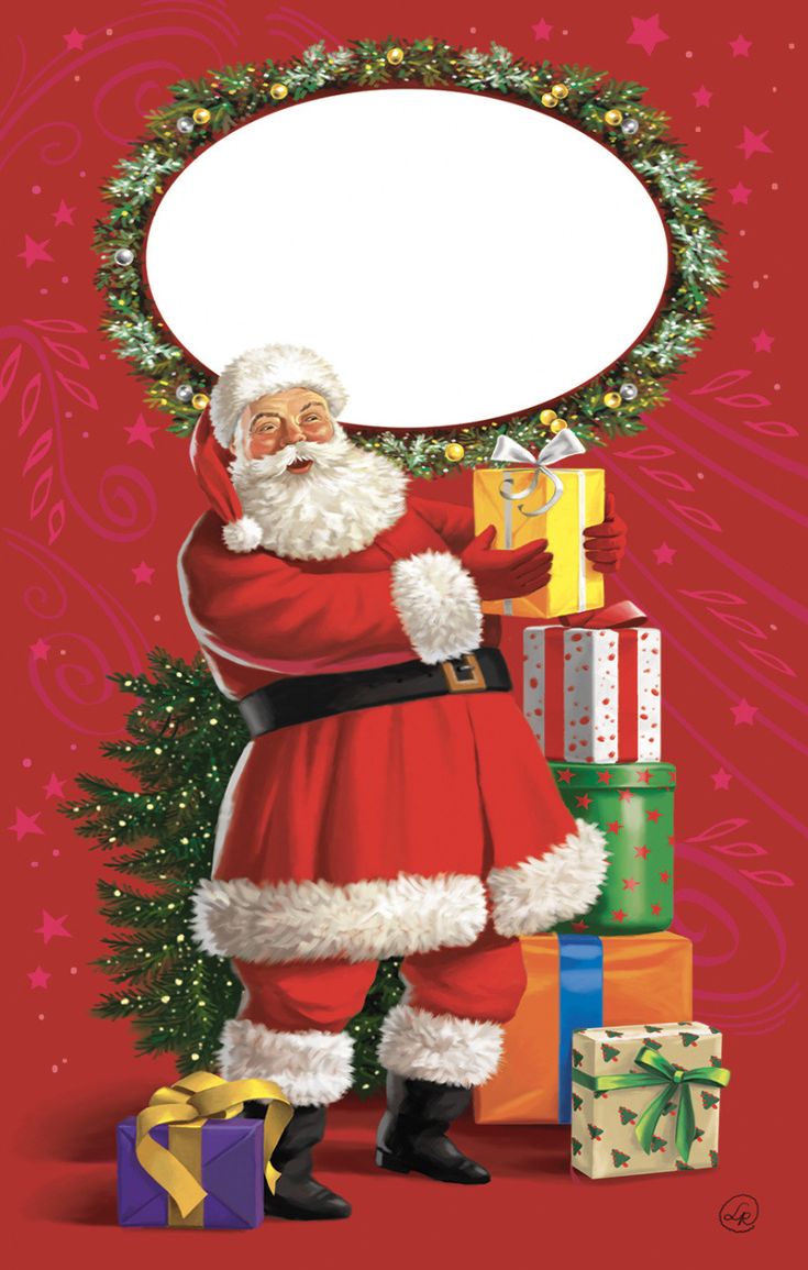 a santa clause with presents in front of a christmas tree and an empty speech bubble