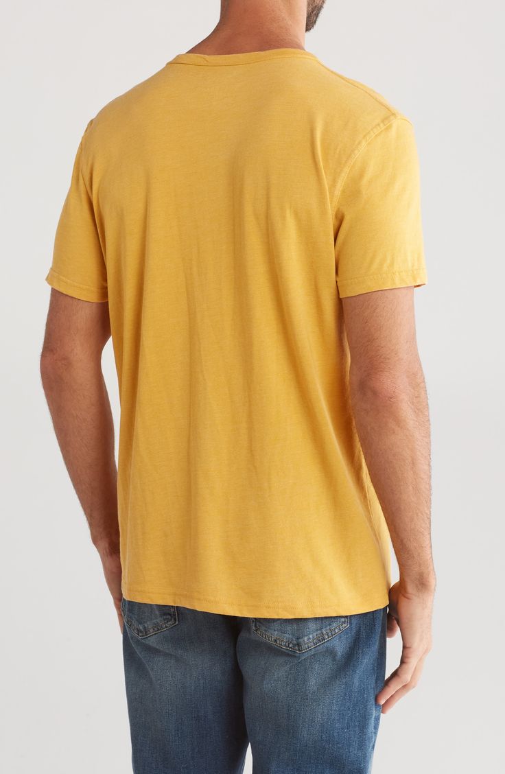 This lightweight cotton-blend shirt features a henley neckline and a faded finish so you can enjoy all the worn-in comfort without any of the work. Two-button placket Crewneck Short sleeves 50% cotton, 50% polyester Machine wash, tumble dry Imported Button Placket, Lucky Brand, Nordstrom Rack, Neck T Shirt, Mustard, Cotton Blend, Short Sleeves, Nordstrom, Crew Neck