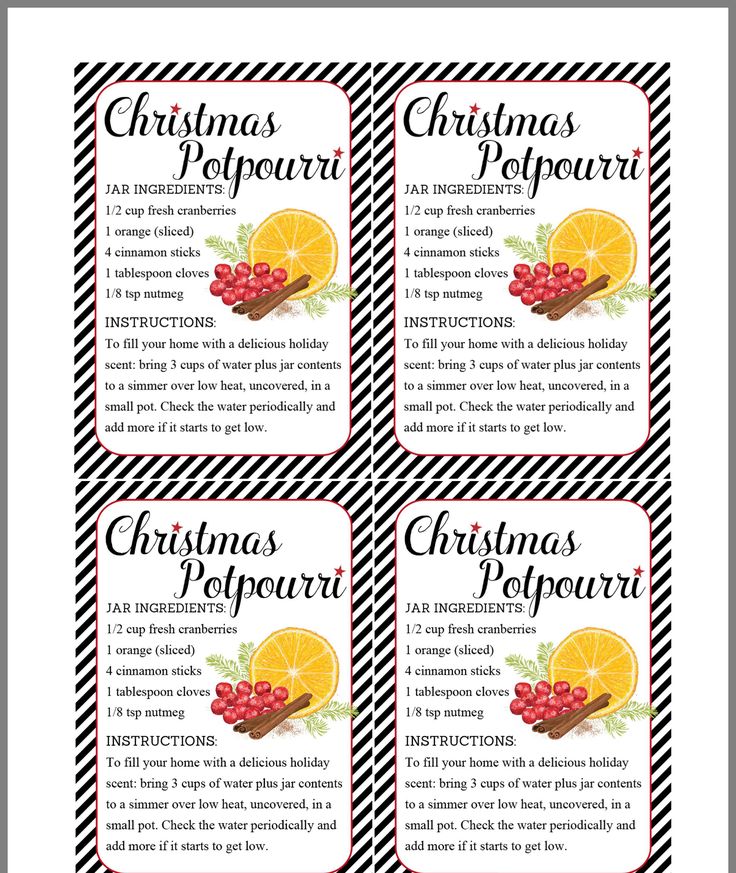 four christmas gift tags with oranges and berries on them, in black and white stripes