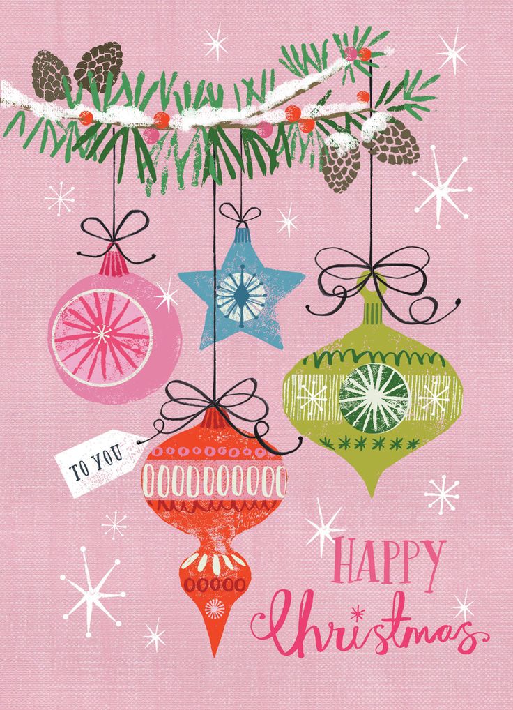 a pink christmas card with ornaments hanging from it