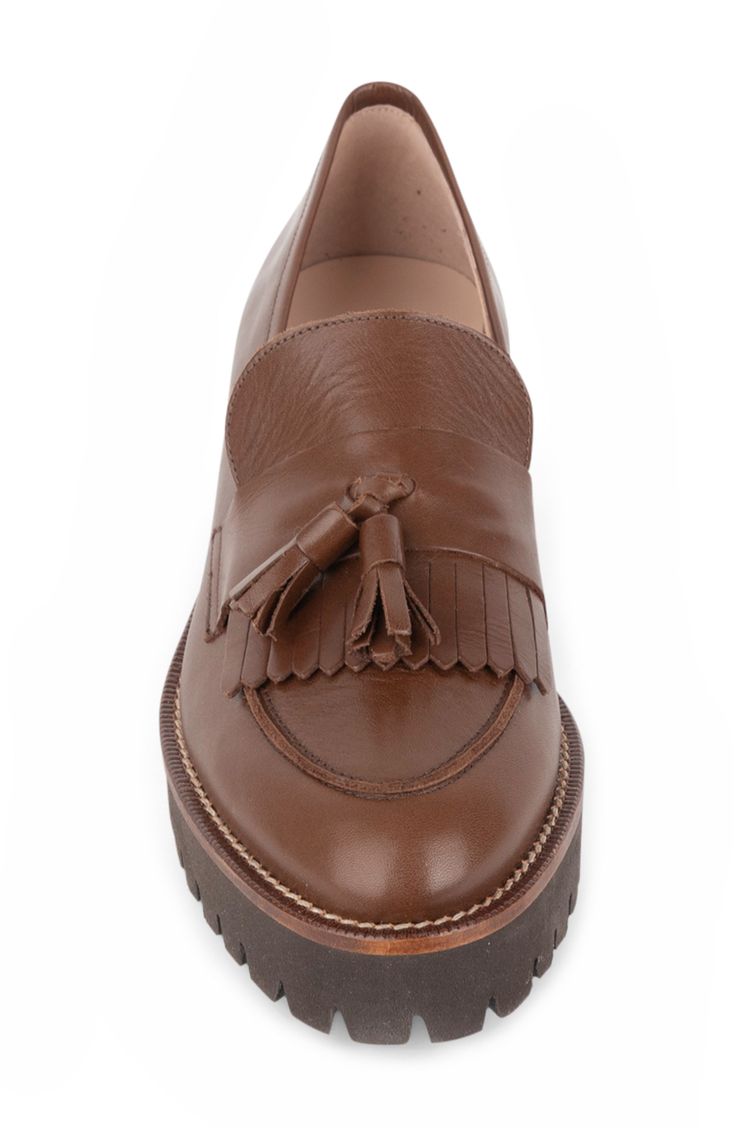 A lug sole lends an extra-toothy bite to a street-savvy leather loafer with a classic tassel detail on the fringed vamp. 1" heel Removable, cushioned insole with arch support Leather upper and lining/rubber sole Made in Spain Leather Oxfords With Tassels And Round Toe, Classic Leather Tassel Loafers With Fringe, Leather Tassel Loafers With Flat Heel, Leather Loafers With Tassels And Almond Toe, Leather Almond Toe Loafers With Tassels, Leather Tassel Loafers With Lug Sole, Fall Leather Moccasins With Tassels, Leather Tassel Loafers With Brogue Detailing For Fall, Fall Leather Footbed Tassel Loafers