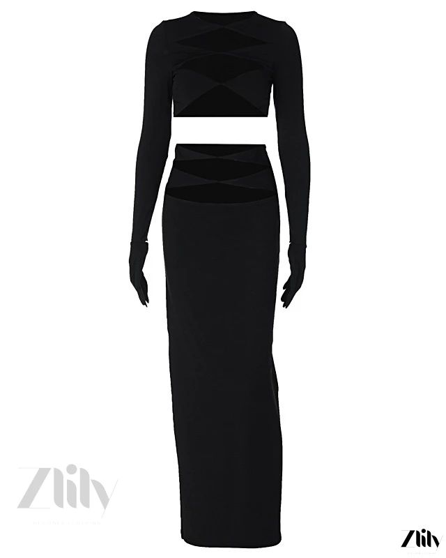 Zlily - Fashionable and Sexy Hollow Out Crop Top with Exquisite Cutouts, paired with a Slim Fit Midi Skirt Elegant Stretch Two-piece Set, Fitted Two-piece Crop Top For Club, Black Two-piece Evening Set, Fitted Black Evening Sets, Fitted Chic Skirt Set, Black Two-piece Crop Top For Night Out, Black Fitted Two-piece Set, Chic Fitted Two-piece Set For Party, Fitted Black Two-piece Set