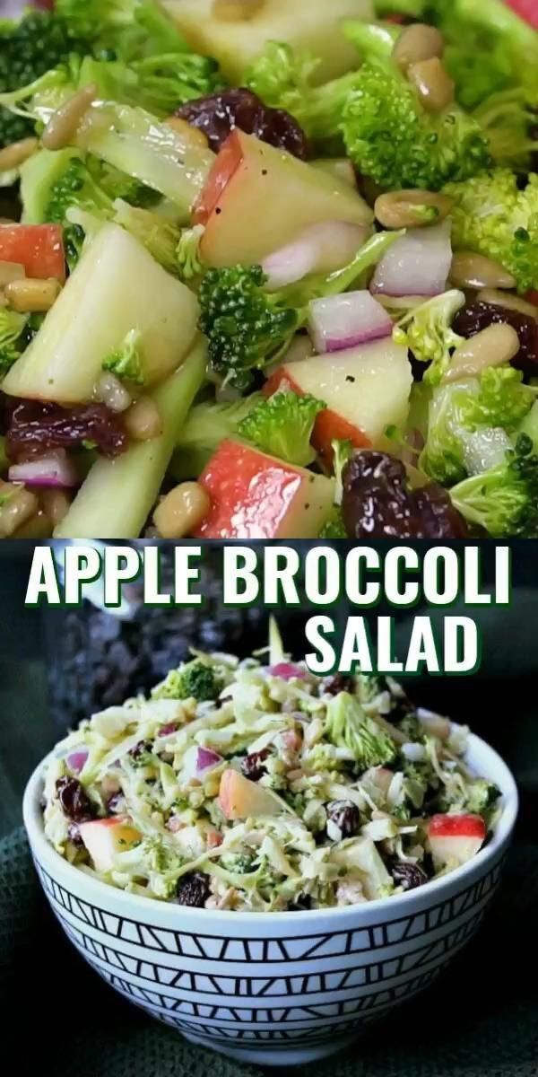 broccoli salad with apples and raisins in a bowl on the side