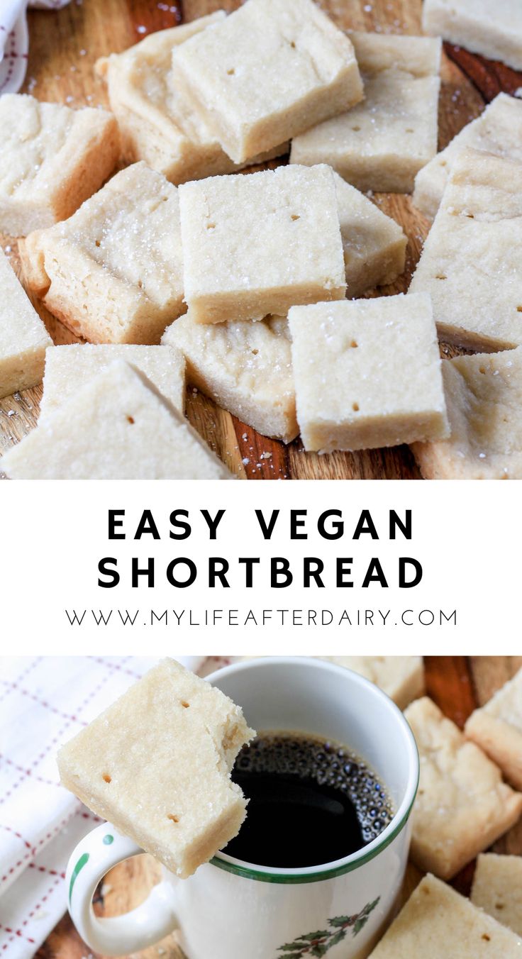 easy vegan shortbread is cut into cubes and served with coffee or tea