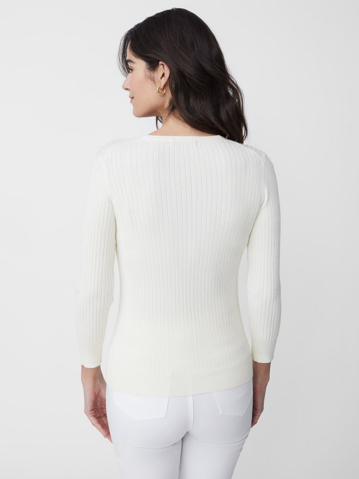 This ribbed pullover sweater is crafted in our super comfortable cotton blend fabric. With a v-neck silhoutte and lightly fitted style, it's more of a shirt than a sweater, making it the perfect topper for your spring look. | J.McLaughlin Women's Anouk Sweater Egret White, Size XS | Cotton Egret White, Spring Look, J Mclaughlin, Fitted Style, White Solid, Women's Sweaters, Spring Looks, Sweater Making, Pullover Sweater