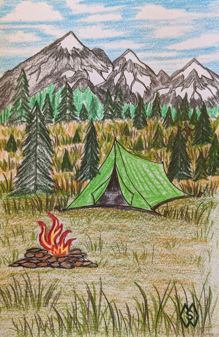 a drawing of a tent with a fire in the foreground and mountains in the background