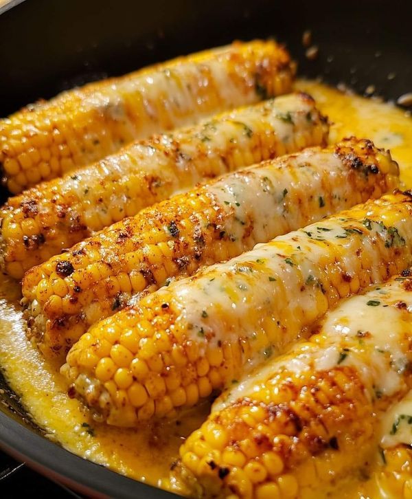 grilled corn on the cob in a skillet with melted cheese and herbs