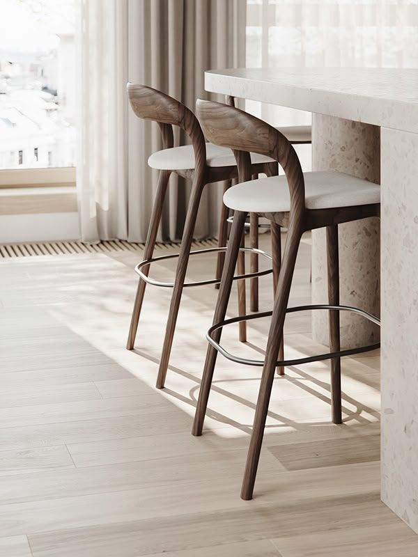 three bar stools sitting next to each other in front of a counter with white curtains