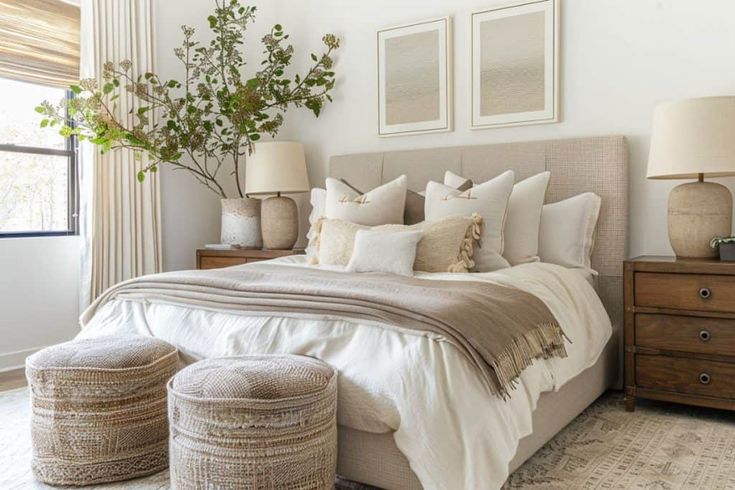 a bedroom with white walls and neutral bedding