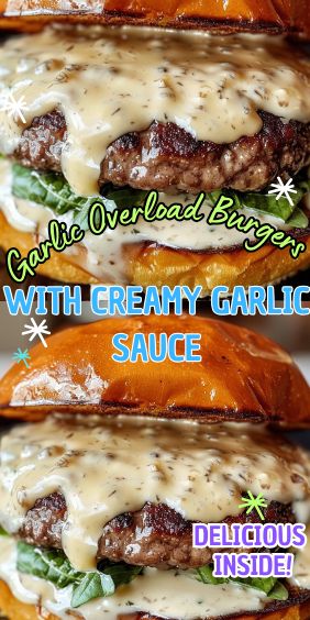 two cheeseburgers with creamy garlic sauce on them are shown in three different images