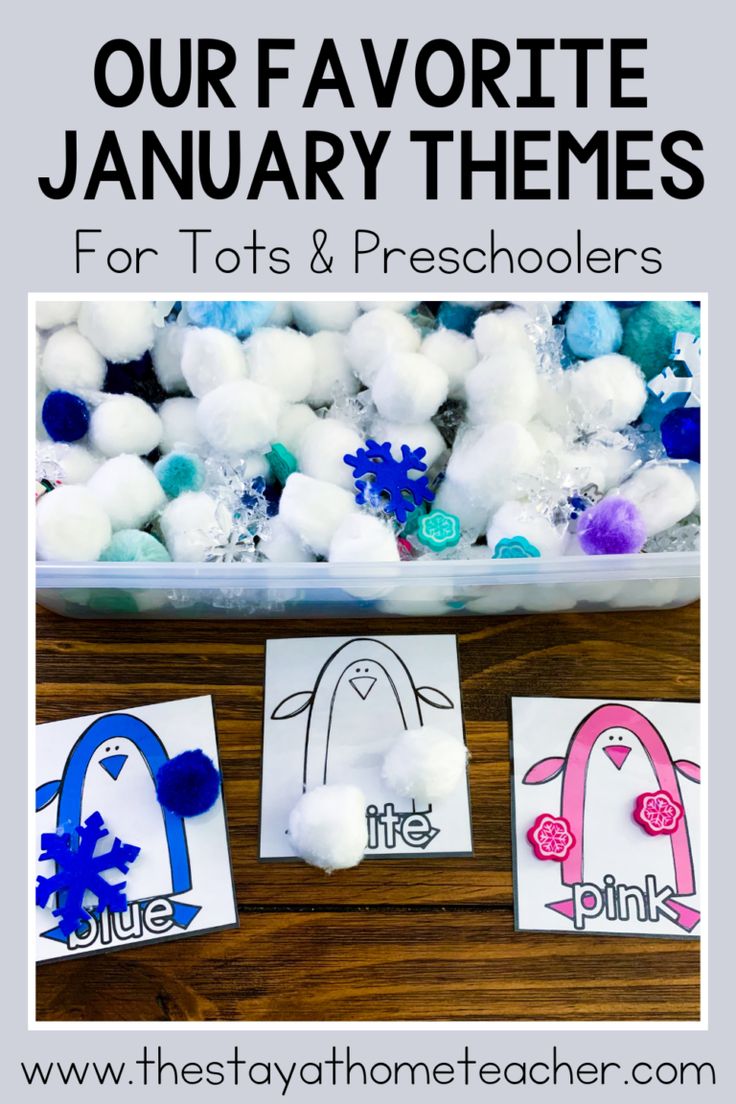 the words our favorite january themes for tots and preschoolers are shown in front of cotton balls