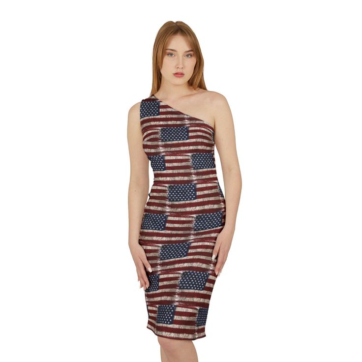 Show your patriotic spirit with this American Flag dress. The vibrant colors and unique one-shoulder strap design give off an elegant and eye-catching vibe. Perfect for those who love to stand out and make a statement during Independence Day celebrations. Product features - 95% polyester, 5% spandex for a soft and lightweight feel - Unique one shoulder strap for a stylish look - Vibrant colors that stand out - Invisible white zipper for a seamless finish - Perfect knee-length fitted silhouette Care instructions - Do not dryclean - Iron, steam or dry: medium heat - Line dry - Do not bleach - Machine wash: warm (max 40C or 105F), gentle cycle Independence Day Costume, American Flag Dress, Military Dress, Dress Usa, Flag Dress, Patriotic Dresses, Military Dresses, Flag Outfit, Usa Dresses