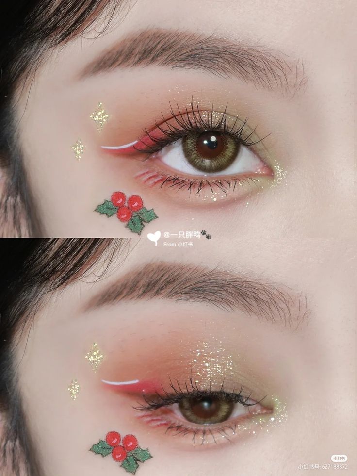 Christmas Makeup Looks Asian, Dark Christmas Makeup, Christmas Eyeliner Ideas, Reindeer Makeup Simple, Christmas Eye Makeup Ideas, Christmas Makeup Looks Simple, Christmas Eyeliner, Creative Christmas Makeup, Eyeliner Creative