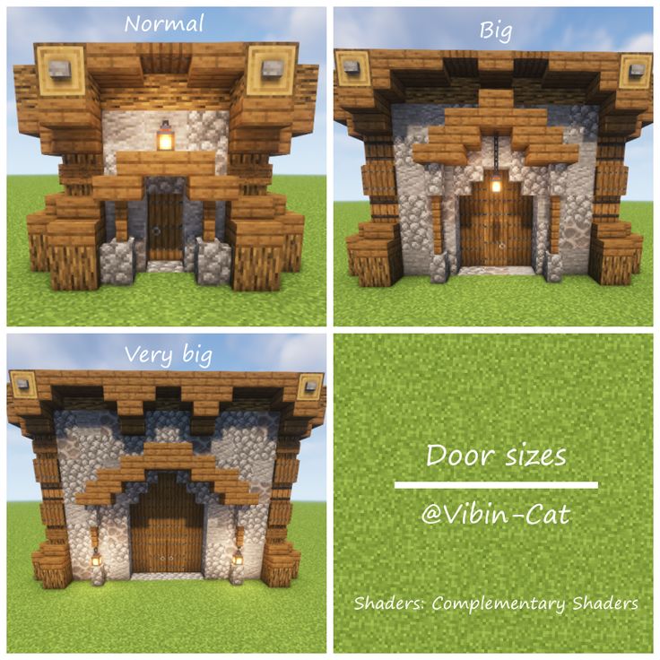 four different views of a small house made out of wood and stone, with the words door sizes @ vibin - cat below