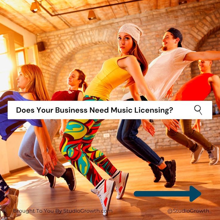 a group of people dancing in a dance studio with the words does your business need music license?