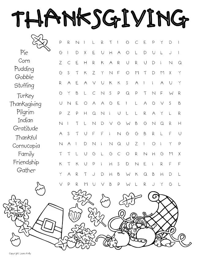 the thanksgiving word search is shown in black and white