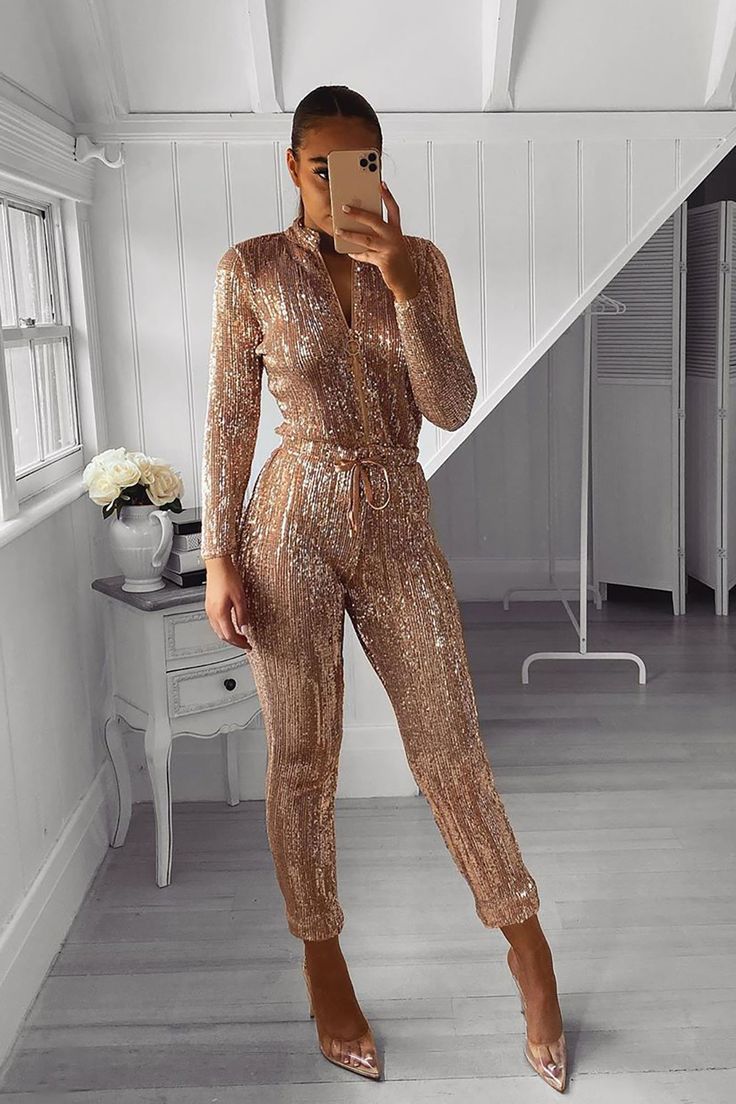 Sequin Jumpsuit Outfit, Rose Gold Sequin Jumpsuit, Rose Gold Jumpsuit, Sequin Jumpsuit Long Sleeve, Gold Sequin Jumpsuit, Glam Disco, 13th Birthday Invitations, Fashion Nova Plus Size, Gold Jumpsuit