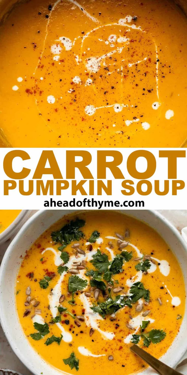 carrot pumpkin soup in a white bowl with the title above it