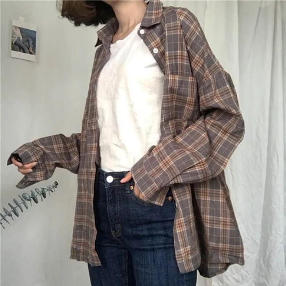 Loose Plaid Preppy Style Shirt – Tomscloth Flannel Hoodie Outfit, Cryptidcore Fashion, Plaid Jacket Outfit, 90’s Outfits, Preppy Shirt, Flannel Hoodie, Hooded Denim Jacket, Sport Dress, Hoodie Outfit