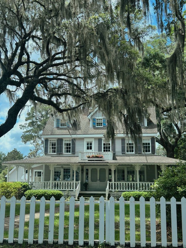 a white picket fence in front of a large house with spanish moss on the trees