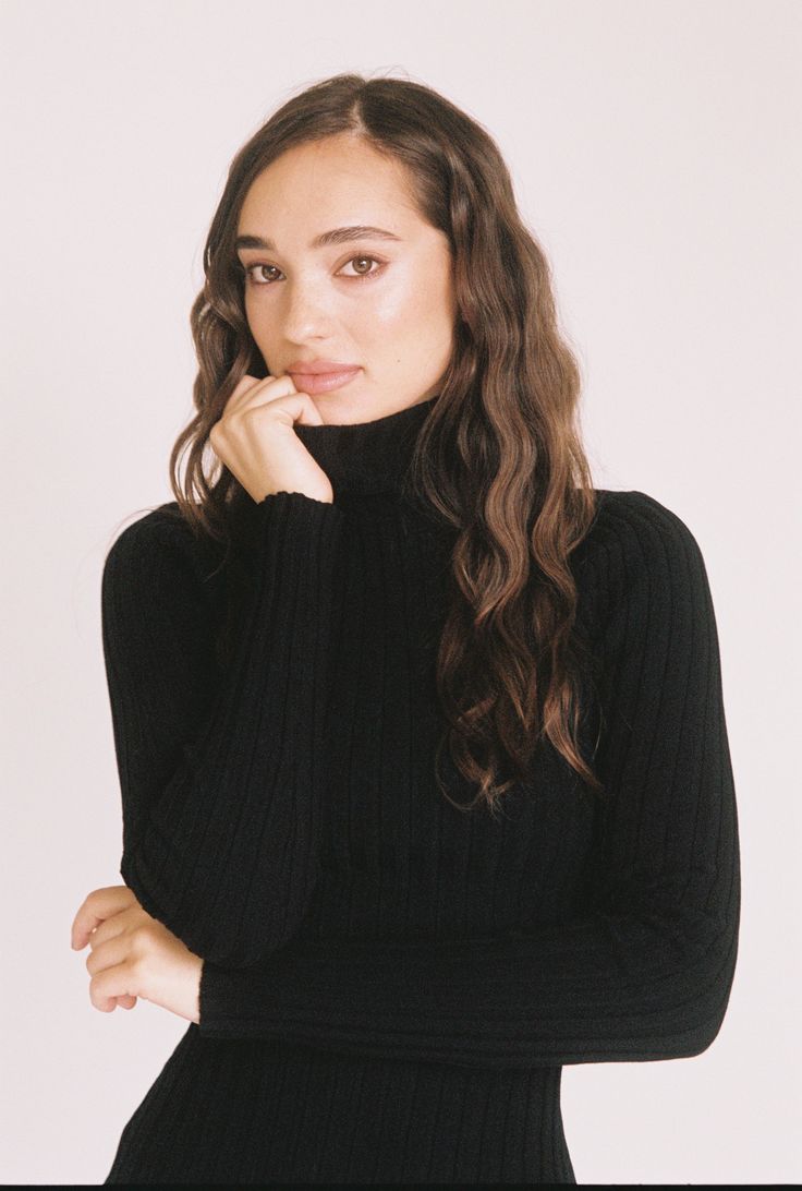 A fall staple - a classic black turtleneck dress that is both sleek and refined. Classic Black Turtleneck For Fall, Black Classic Funnel Neck Turtleneck, Black Turtleneck For Fall Workwear, Black Turtleneck For Workwear In Fall, Black High Neck Turtleneck For Work, Sleek Black Long Sleeve Turtleneck, Sleek Turtleneck With Funnel Neck, Classic Black Turtleneck, Fitted Black Turtleneck For Fall