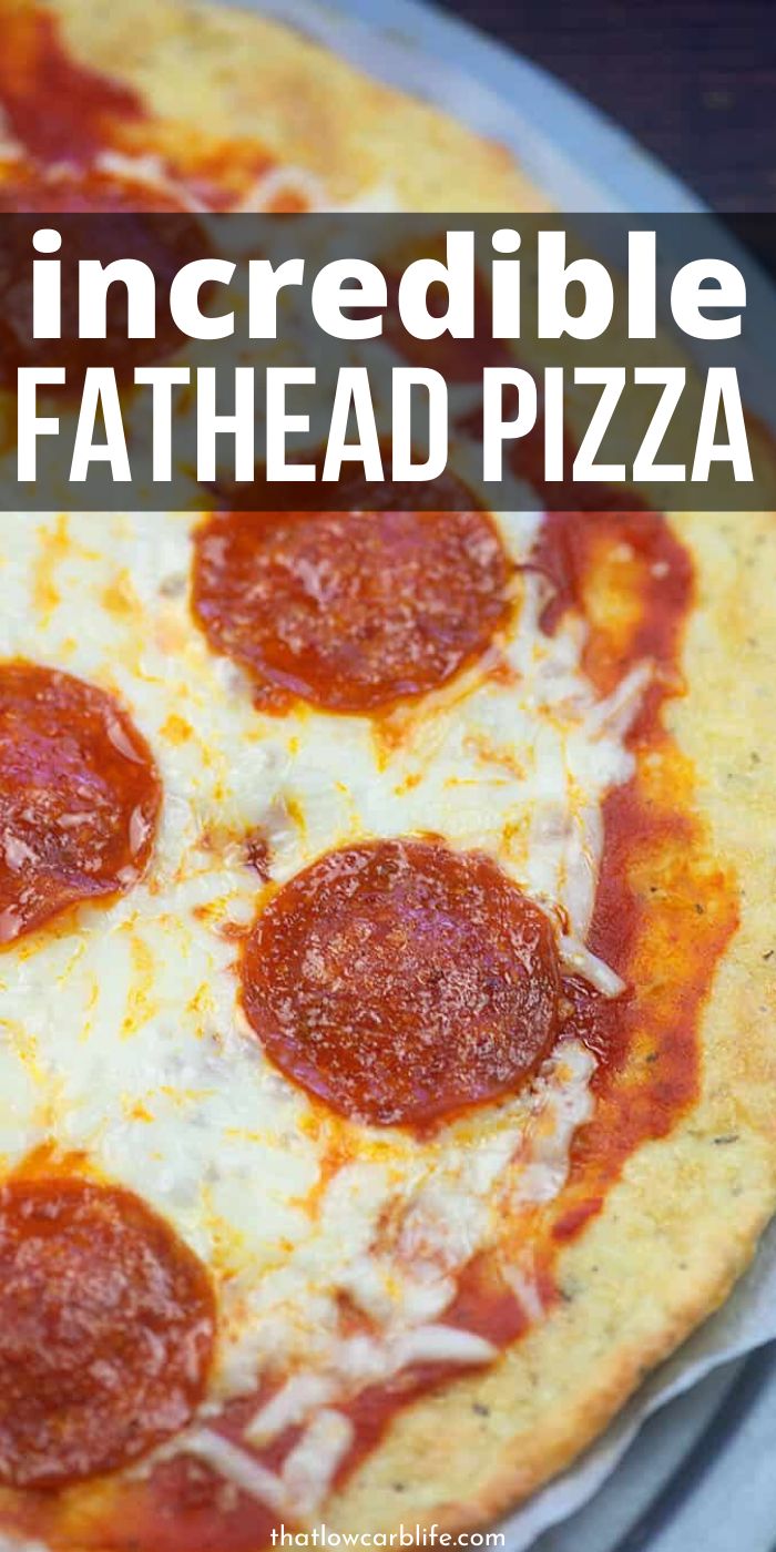 a homemade pepperoni and cheese pizza on a pan with the words incredible fathead pizza