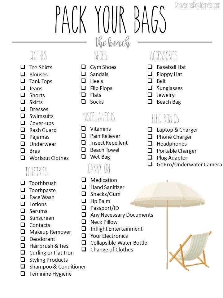 a beach bag checklist with an umbrella