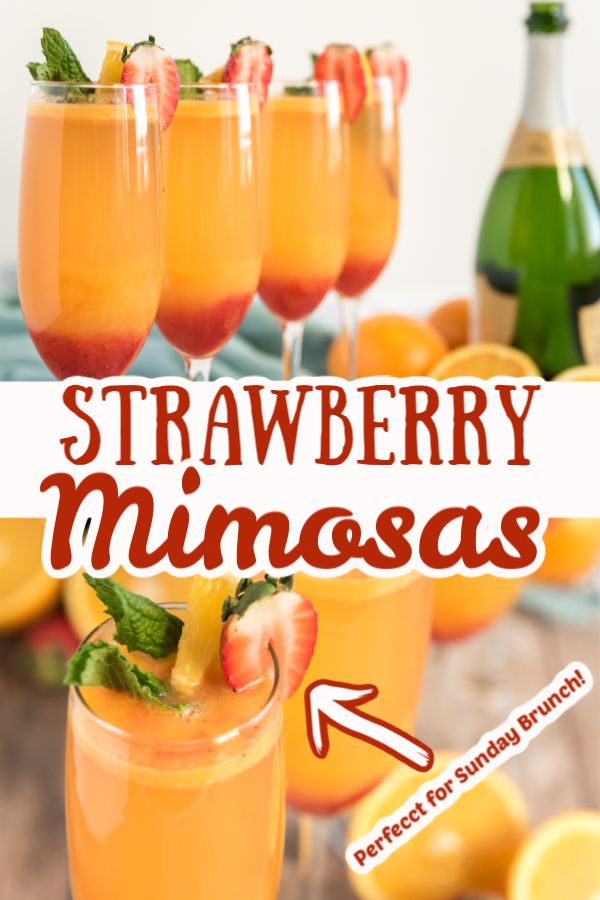 the cover of strawberry mimosas is shown with oranges and strawberries in glasses