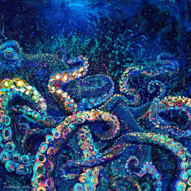 an abstract painting of octopuses in blue, green and yellow colors with bubbles on them