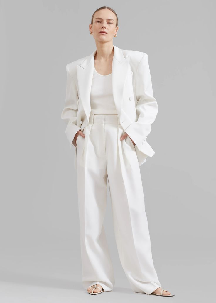 Zia Pintuck Trousers - White – The Frankie Shop The Frankie Shop, Suiting Fabric, Frankie Shop, White Button Down Shirt, Silk Trousers, White Blazer, Blazer Buttons, Wide Leg Denim, White Outfits