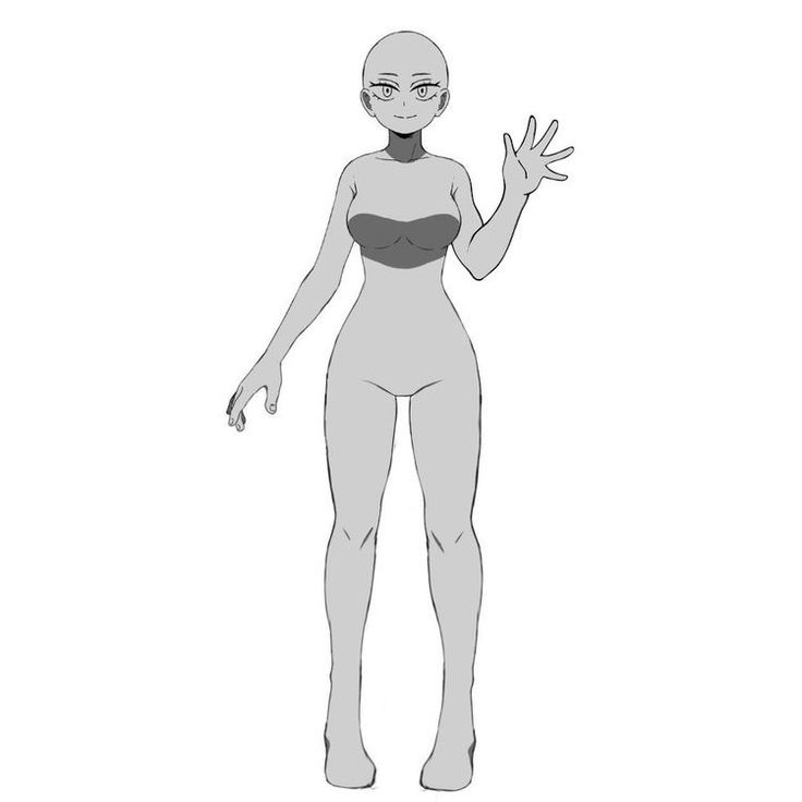 an alien woman standing with her hands out to the side, in front of a white background