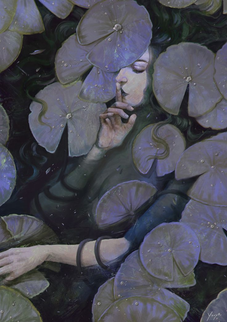 a painting of a woman surrounded by water lilies with her hands on her face