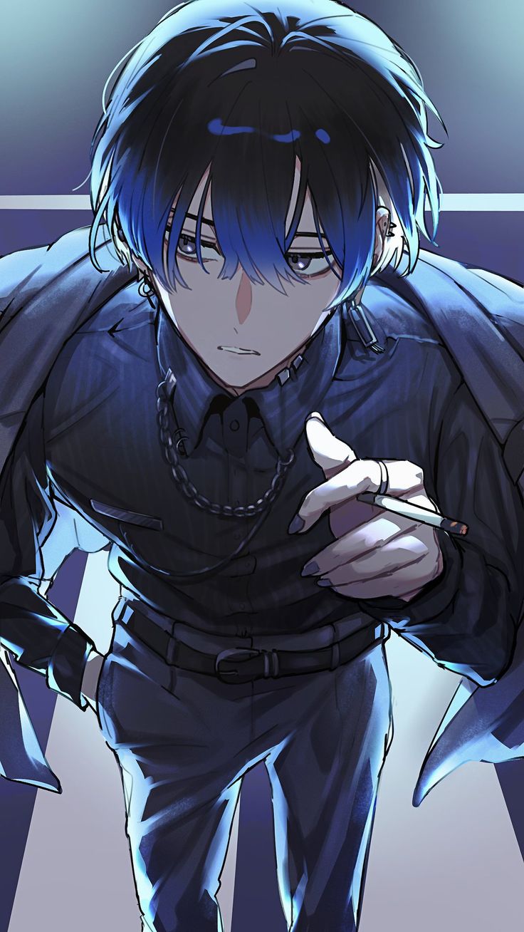 an anime character with blue hair holding a pen and pointing to the side while wearing a black shirt