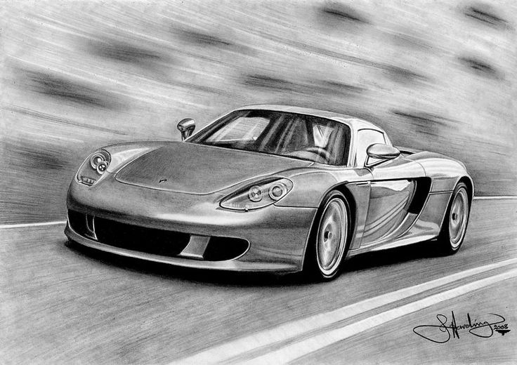 a pencil drawing of a sports car driving down the road with motion blurs in the background